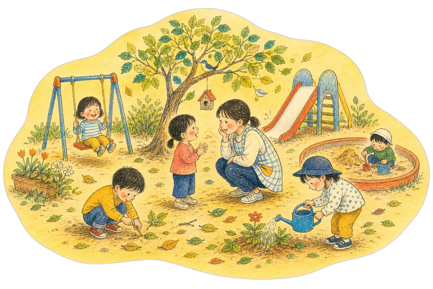 園庭で思い思いに遊ぶ子どもたちの水彩画